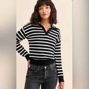 Anthropologie Flat White Striped Polo Knit Sweater black and white Women’s Sz 1X